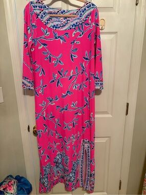 Lilly Pulitzer Bright Pink Floral Maxi Dress with Blue Leaf Print size XL